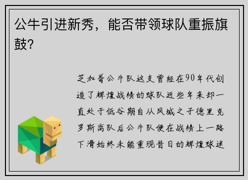 公牛引进新秀，能否带领球队重振旗鼓？
