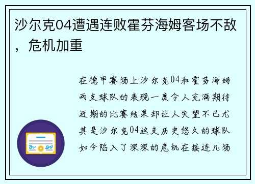 沙尔克04遭遇连败霍芬海姆客场不敌，危机加重